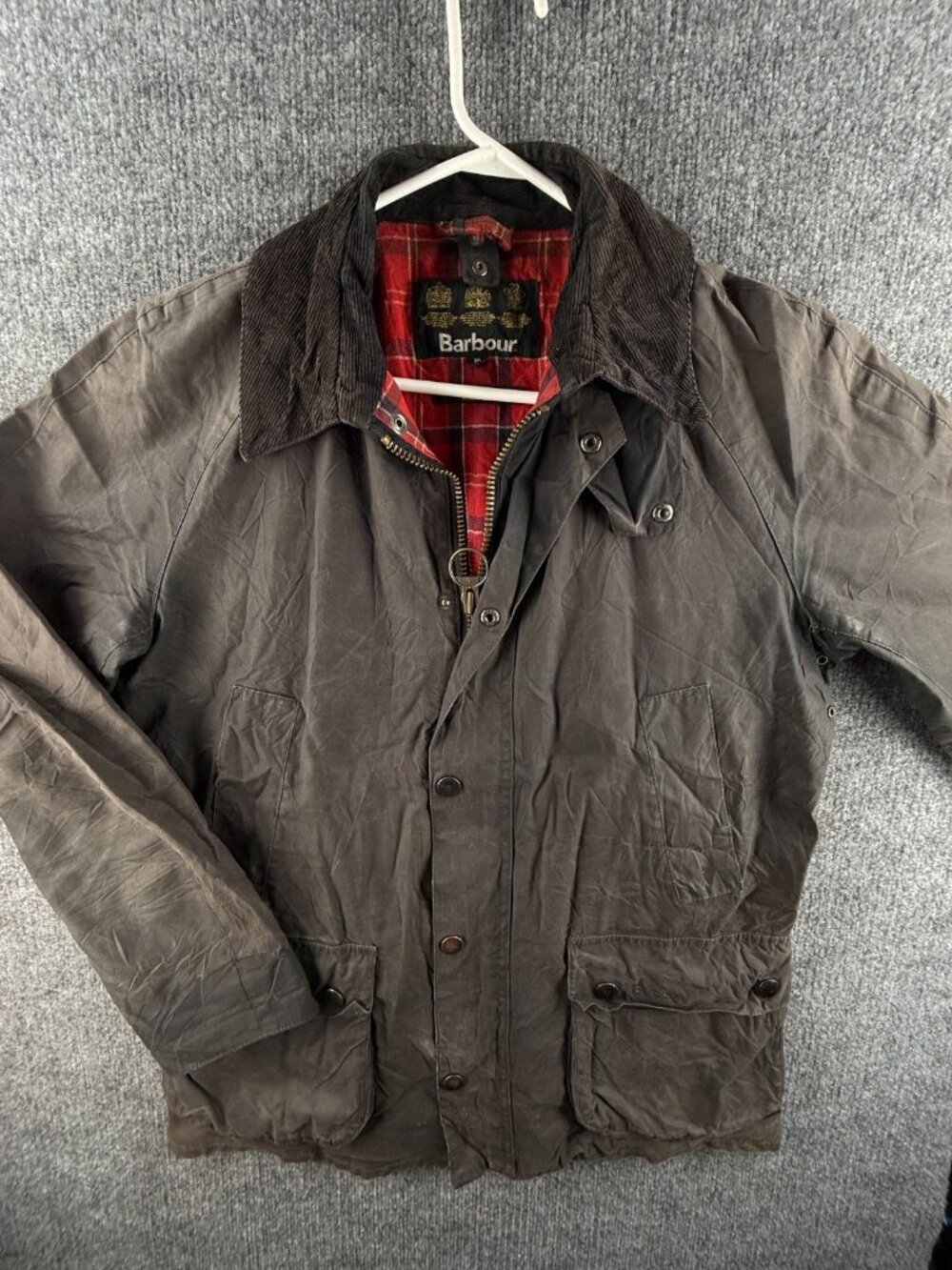Barbour Ashby Medium Black Waxed Jacket Coat Men Full Zip Tartan Lined, Pockets